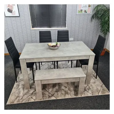 Grey Dining Table With Black Metal Chairs & Bench Dining Room Set