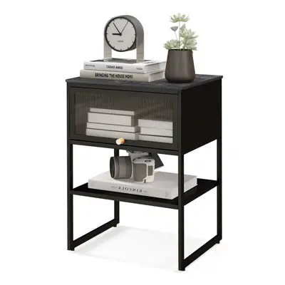 3-Tier Side Table Modern End Table Beside Sofa Nightstand Flip up Door-Black