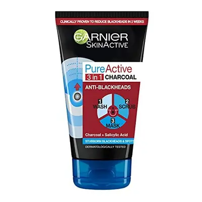 Garnier Pure Active 3in1 Charcoal Anti-Blackhead Mask Wash Scrub, for Oily Spot Prone Skin, Enri