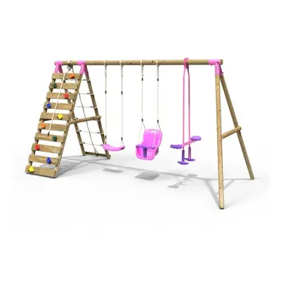 (Sienna, Pink) Rebo Wooden Swing Set with Up and Over Climbing Wall