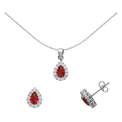 Jewelco London Ladies Sterling Silver Ruby-Red Pear Cubic Zirconia Tears of Joy Earrings Necklac