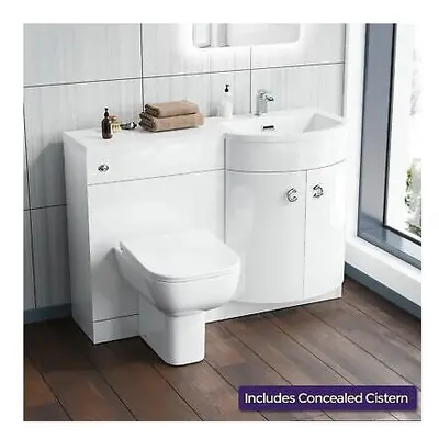 1100 mm P Shaped RH White Vanity Basin Cabinet and Wc BTW Toilet Unit | Dene