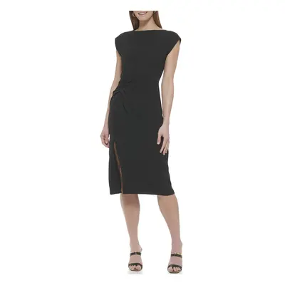 DKNY Women's Midi Drapey Crepe Jewel Neck Dress BLK