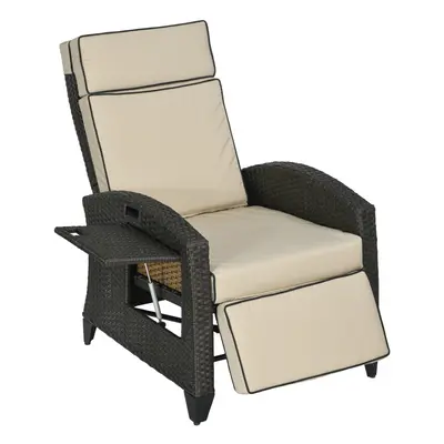 Outsunny Outdoor Recliner Chair w/ Cushion Rattan Reclining Lounge Chair, Khaki