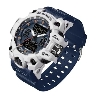 (blue white) SANDA Dual Display Men Watches Waterproof Sports Watch Military Man Alarm