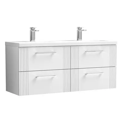 Retro Drawer Wall Hung Vanity Unit with Double Ceramic Basin - 1200mm - Satin White - Balterley