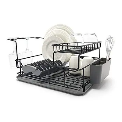 simplywire - Premium Two Tier Dish Drainer - Removable Over Sink Plate Rack - Wine Glass Holder