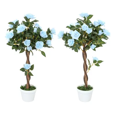 Outsunny Set of 90cm Artificial Rose Tree, Fake Decorative Plant, Blue