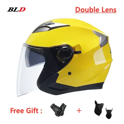 (L, YELLOW) BLD New Open Face 3/4 Motorcycle Helmet Retro Vintage Motorbike Double