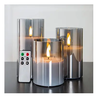 (Grey) Silver Gray Glass Flameless Flickering Candle Light with Remote Control