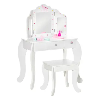 HOMCOM Kids Vanity Table & Stool Girls Dressing Set w/ Rotatable Mirror Drawer