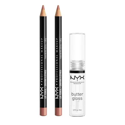 NYX PROFESSIONAL MAKEUP Slim Lip Pencil (Peakaboo Neutral) + Butter Gloss (Sugar Glass Clear) 3-