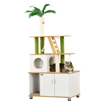 PawHut 2-in-1 Hidden Litter Box with Green Leaf Cat Tree, Indoor - Oak