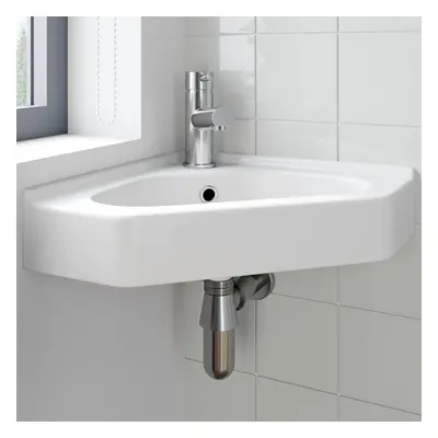 Cloakroom Corner Wall Hung Basin Sink Hand Wash Tap Hole White Bathroom Modern