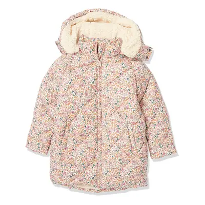 Girls' Long Quilted Cocoon Puffer Coat, Cream Floral, Large