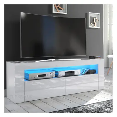 (White LED Lights) White TV Stand 145cm Unit Cabinet Matt & High Gloss Clifton13 LED Lights