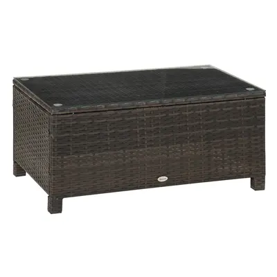 Outsunny Garden Rattan Side Table,Wicker Coffee Desk, Glass Top, Mixed Brown