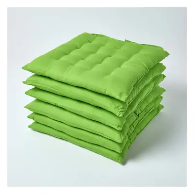 (Set of 6, Green) Plain Seat Pad with Button Straps 100% Cotton