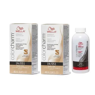 (1N(2)+Dev(Vol.20)3.6oz) Wella 1N Black Color Charm Permanent Liquid Haircolor