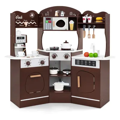 Corner Wooden Play Kitchen Toddler Kitchen Playset w/Sounds-Coffee