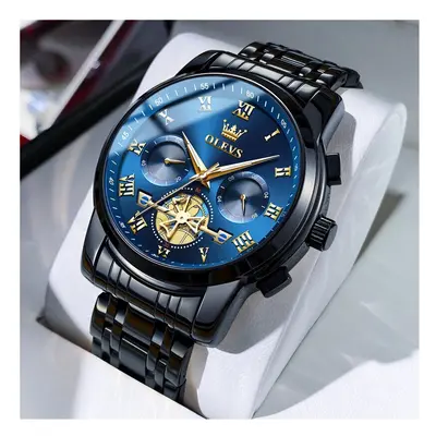 (black blue) OLEVS Watch for Men Luxury Multifunction Waterproof Luminous Stainless