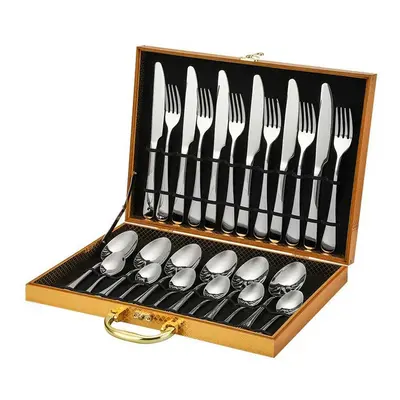 (Silver -piece wooden box) Stainless Steel Tableware -Piece Set Of Classic Tableware Four Compon