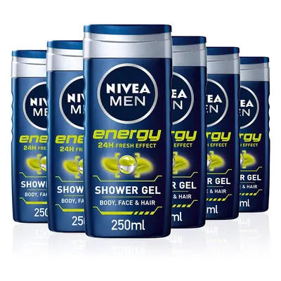 NIVEA Men Shower Gel Energy, Pack of (6 x ml), Energising Body Wash with Mint Extract, All-in-1 