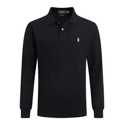 (Black+White, XL) Men Polo Shirt Casual Long Sleeve Collared T-Shirt Sports T-Shirts Button Tops