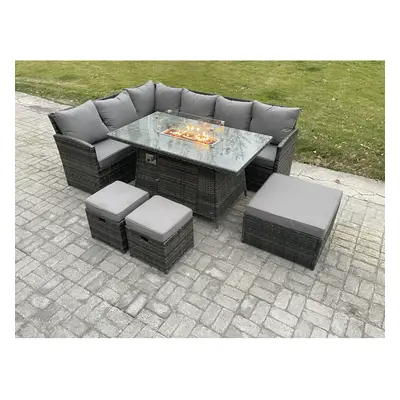 Fimous Rattan Garden Furniture High Back Corner Sofa Gas Fire Pit Dining Table Sets Gas Heater w