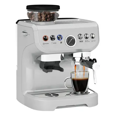 HOMCOM Espresso Machine, Bean Grinder & Steam Wand, Bar Pressure, Silver.