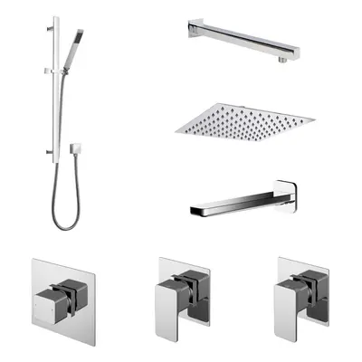 3 Outlet Concealed Valves Shower Bundle with Slide Rail Kit, Wall Mount Arm, Head & Bath Spout- 