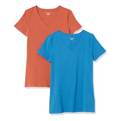 Women's Classic-Fit Short-Sleeve V-Neck T-Shirt, Pack of 2, Terracotta/Blue, Medium