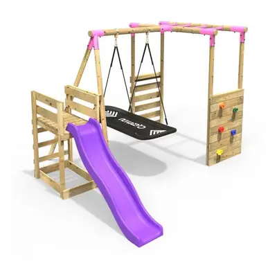 (Monkey Bars plus Deck & 6ft Slide - Boat, Pink) Rebo Wooden Children's Swing Set with Monkey Ba