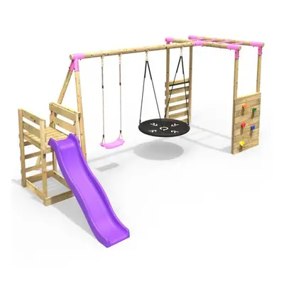 (Monkey Bars plus Deck & 6ft Slide - Meteortie, Pink) Rebo Wooden Children's Swing Set with Monk