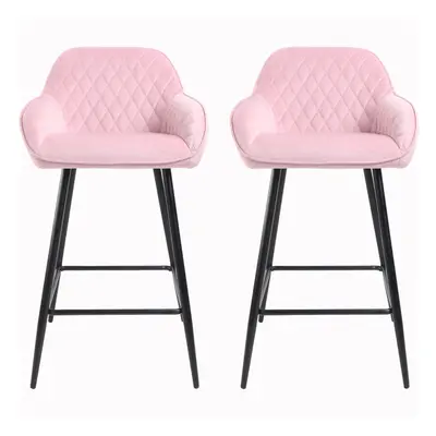 (PINK) 2x Crushed Velvet Metal Leg Breakfast Bar Stools