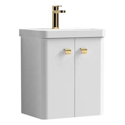 Curve Wall Hung Door Vanity Basin Unit - 500mm - Gloss White with Brushed Brass Drop Handles (Ta