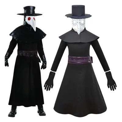 (Black, 9-10Years) Kids Plague Doctor Mask Gloves Hat Halloween Cosplay Costume Fancy Dress