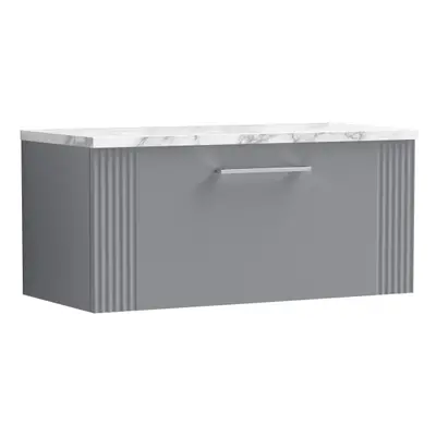 Retro Drawer Wall Hung Vanity Unit with Carrera Marble Laminate Worktop - 800mm - Satin Grey - B