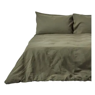 (King, Khaki Green) Soft Linen Plain Duvet Cover with Pillowcase