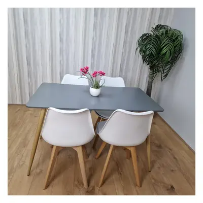 Dining Table and Chairs Dark Grey Wood White Plastic Leather Chairs Dining Room