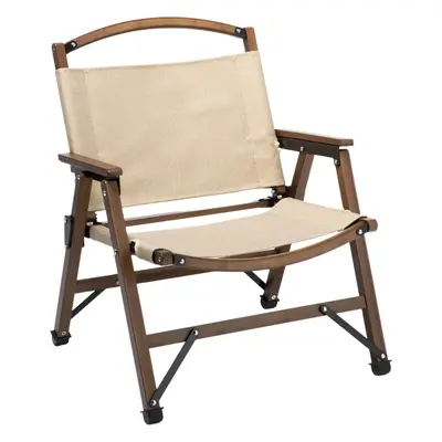 Bamboo Canvas Foldable Outdoor Camping Chair Wooden Travel Picnic Park - Khaki/Beige