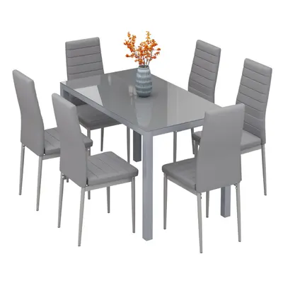 (Grey Table+6*grey Chairs) Dining Table and Chairs Set, Modern Glass Table with High Back Faux L