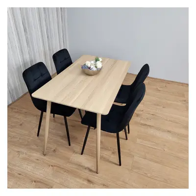 Rectangle Oak Effect Dining Table With Black Velvet Tufted Chairs