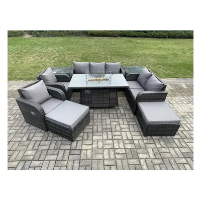 Fimous Outdoor Rattan Garden Furniture Set Propane Gas Fire Pit Table and Sofa Chair set with Si