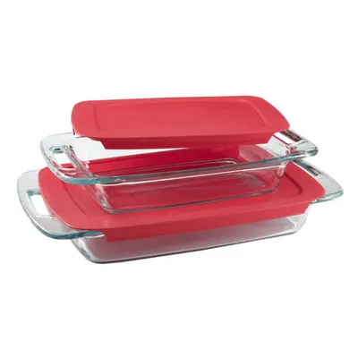 Pyrex Easy Grab 4-Piece Value Pack includes 1-ea 3-qt Oblong 2-qtOblong Red Plastic Covers