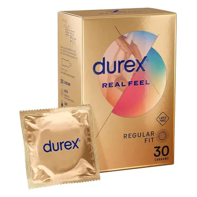 Durex Real Feel Condoms, Regular Fit, 30s, Latex Free, Extra Silicone Lube, Easy On Shape