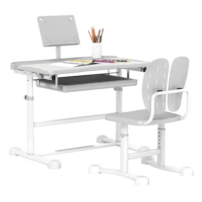 AIYAPLAY Height Adjustable Kids Desk and Chair Set w/ Tilted Desktop, Grey