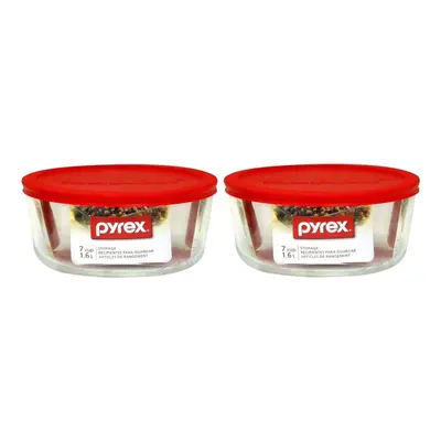 Pyrex Storage Plus 7-Cup Round Storage Dish with Red Plastic Cover Pack of Containers Clear Red