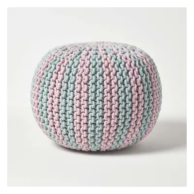 (Pastel Blue & Pink, x cm) Knitted Pouffe Striped Footstool