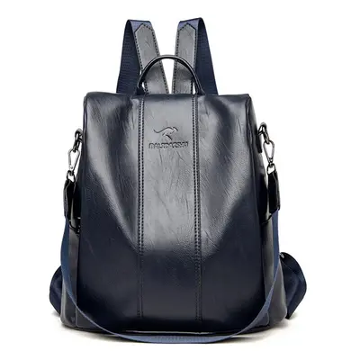 (Navy blue) Anti-theft leather backpack women vintage shoulder bag ladies high capacity